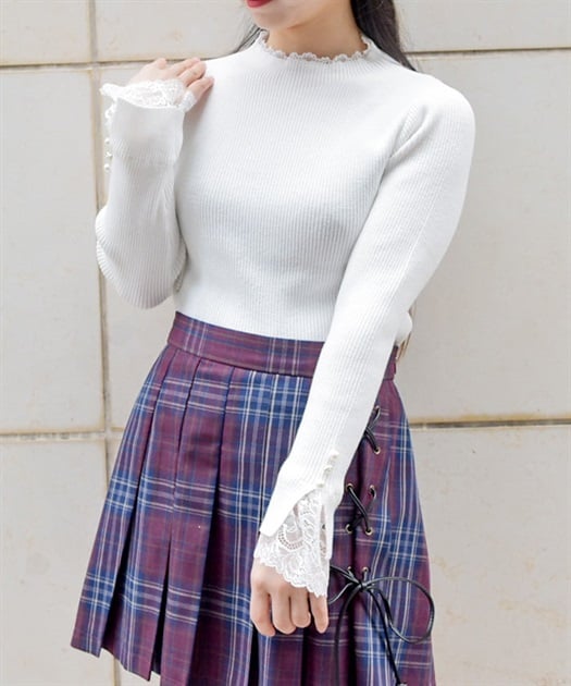 連ボタン袖レースニットプルオーバー | レディース服 連ボタン袖レースニットプルオーバー | レディース服