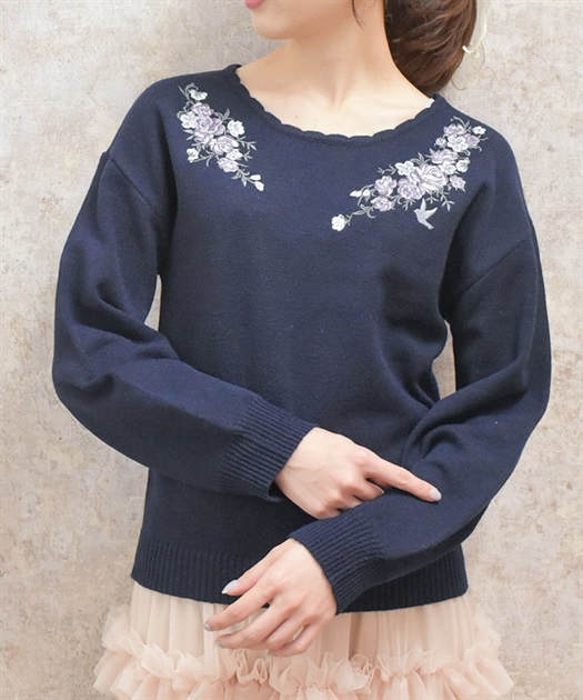 ローズ×鳥刺繍ニットプルオーバー | レディース服・レディース ローズ×鳥刺繍ニットプルオーバー | レディース服・レディース