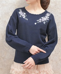 ローズ×鳥刺繍ニットプルオーバー【2点10%OFF対象商品】(紺-F)