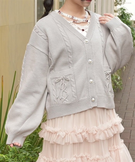 リボン付透かし編みニットカーディガン | レディース服