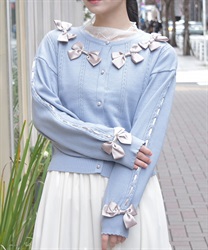 サテンリボンニットカーディガン【2点10%OFF対象商品】(サックス-F)