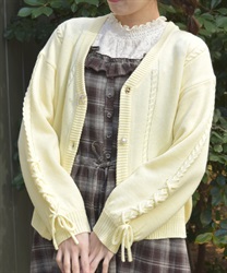 リボン釦編み上げニットカーディガン(イエロー-F)