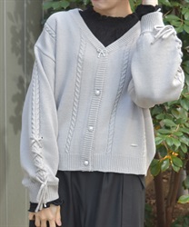 リボン釦編み上げニットカーディガン(グレー-F)