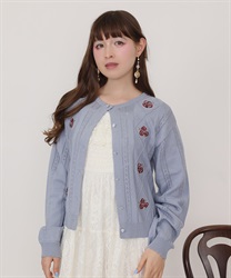バラ刺繍ダイヤ柄ニットカーディガン【予約】(サックス-M)