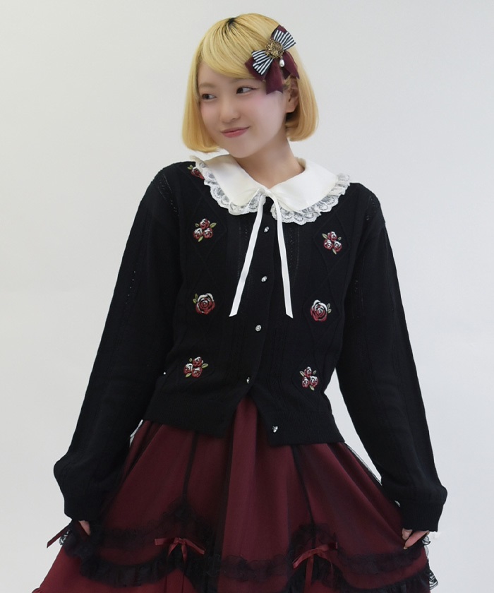 バラ刺繍ダイヤ柄ニットカーディガン | POETIQUE | axes femme 公式