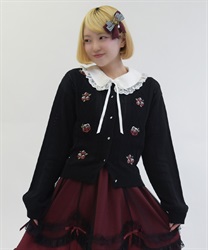 バラ刺繍ダイヤ柄ニットカーディガン【予約】(黒-M)