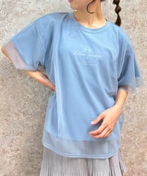 チュール重ねロゴＴシャツ(ブルー-F)