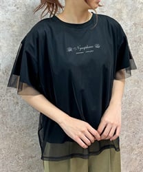 チュール重ねロゴＴシャツ(黒-F)