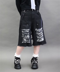 チェックダメージハーフパンツ【期間限定価格】(黒-M)