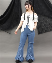 レースアップフレアデニムパンツ(ウォッシュ-M)