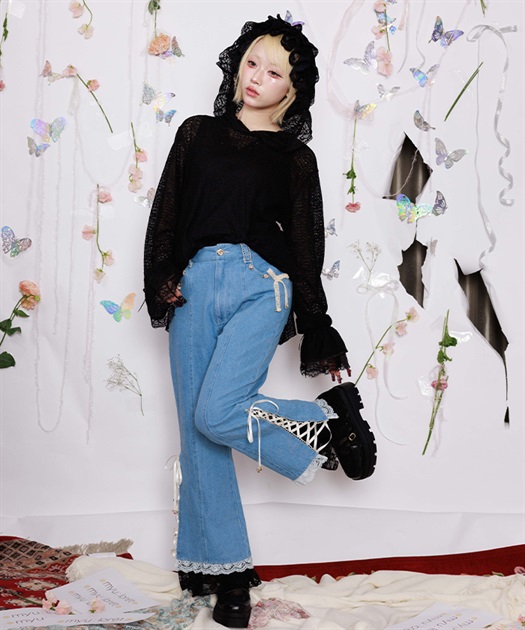 バラリボンレースアップデニム