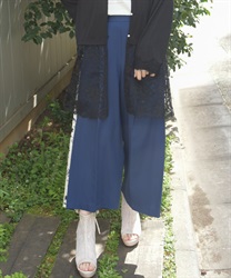 サイド花柄切替ワイドパンツ(紺-F)