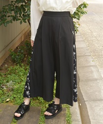 サイド花柄切替ワイドパンツ(黒-F)
