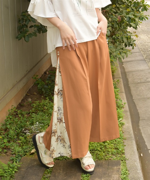 サイド花柄切替ワイドパンツ