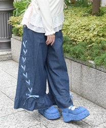 レースアップフレアデニムパンツ
