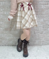 Ｗリボン起毛チェックミニスカート(ベージュ-M)