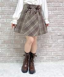 Ｗリボン起毛チェックミニスカート(茶-M)