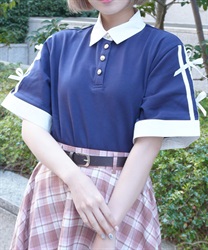 バイカラーシャツポロプルオーバー【POE】(紺-M)