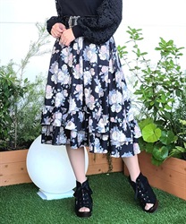 ローズブーケ柄ミディスカート(黒-S)