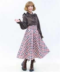 フリルサス付ハイウエストスカート(ピンク-M)