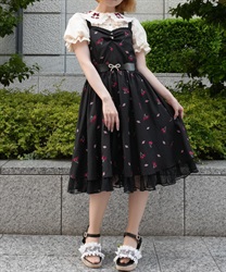 チェリー×ローズ刺繍ジャンパースカート(黒-M)