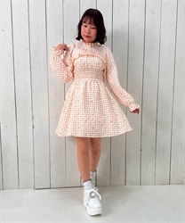 ハートドット刺繍ギンガムワンピース(ベージュ-M)