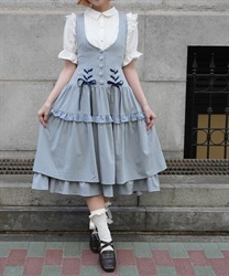 ダブルリボンストライプジャンパースカート(サックス-M)