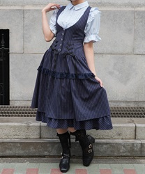 ダブルリボンストライプジャンパースカート(紺-M)