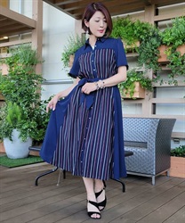 マルチストライプ柄シャツワンピース(紺-Ｓ)