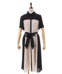 マルチストライプ柄シャツワンピース(黒-Ｓ)