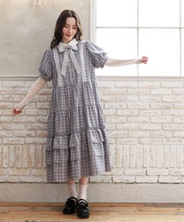 丸襟チェックワンピース【予約】(グレー-F)