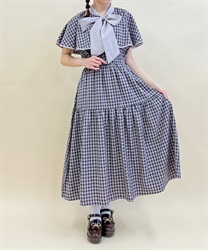 チェックケープデザインワンピース(チャコール-M)
