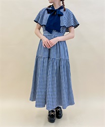 チェックケープデザインワンピース(紺-M)