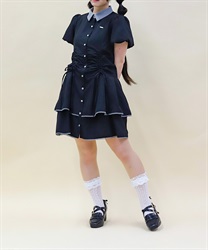 バイカラーシャツミニワンピース(黒-M)