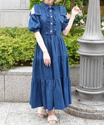 リボンショルダーデニムワンピース(ブルー-M)