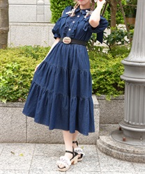 リボンショルダーデニムワンピース(インディゴ-M)