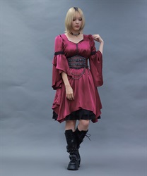 フレアスリーブイレヘムワンピース(ワイン-M)