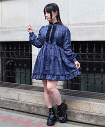 チェックフリルシャツワンピース(ブルー-M)