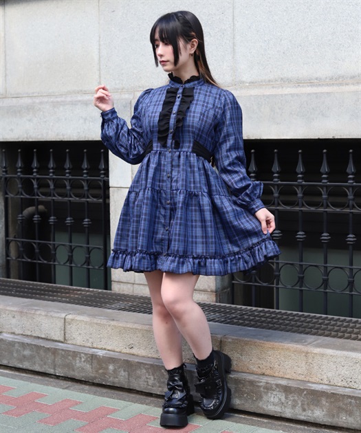 チェックフリルシャツワンピース【予約】