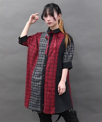 チェックバイカラーシャツワンピース(赤-M)
