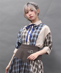 チェックバイカラーシャツワンピース(サックス-M)