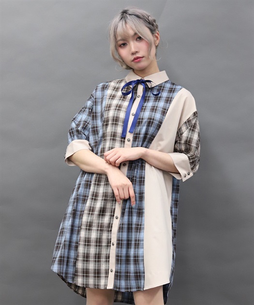 チェックバイカラーシャツワンピース