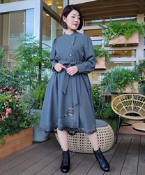 刺繍入りアシメデザインワンピース(カーキ-Ｓ)