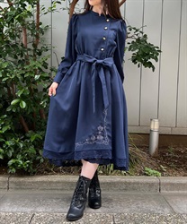 刺繍入りアシメデザインワンピース(紺-Ｓ)
