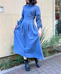 ドロスト袖ハイウエストワンピース(ブルー-F)