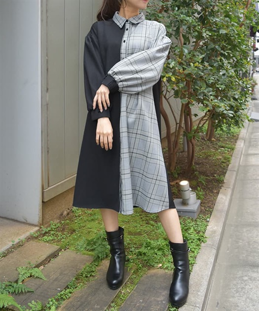 柄切替バイカラーシャツワンピ | outlet | axes femme online shop 柄切替バイカラーシャツワンピ | outlet | axes femme online shop