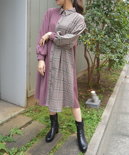 柄切替バイカラーシャツワンピ | レディース服・レディース 柄切替バイカラーシャツワンピ | レディース服・レディース