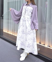 グラデブーケ柄フレア袖ワンピース【2点10%OFF対象商品】(ラベンダー-F)