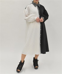 ストライプ配色切替シャツワンピース【2点10%OFF対象商品】(黒-F)