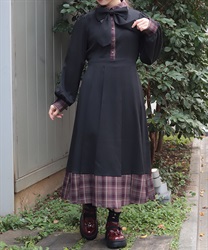 バイカラーチェックワンピース(黒-F)